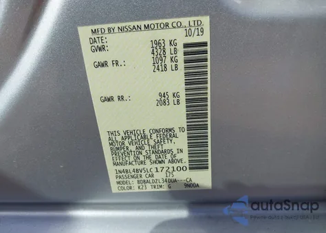 2020 Nissan Altima S Fwd from USA, damaged, VIN 1N4BL4BV5LC172100